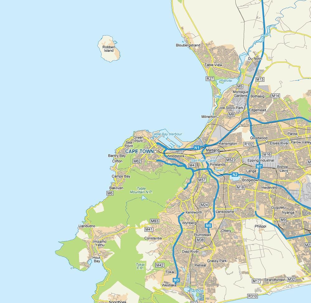 chi tiết và bản đồ của Cape Town và bao quanh