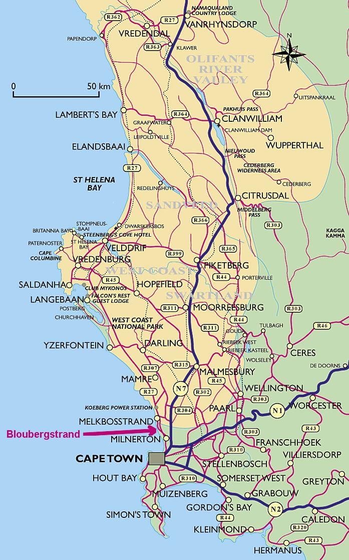 bản đồ của bờ biển phía tây Cape Town