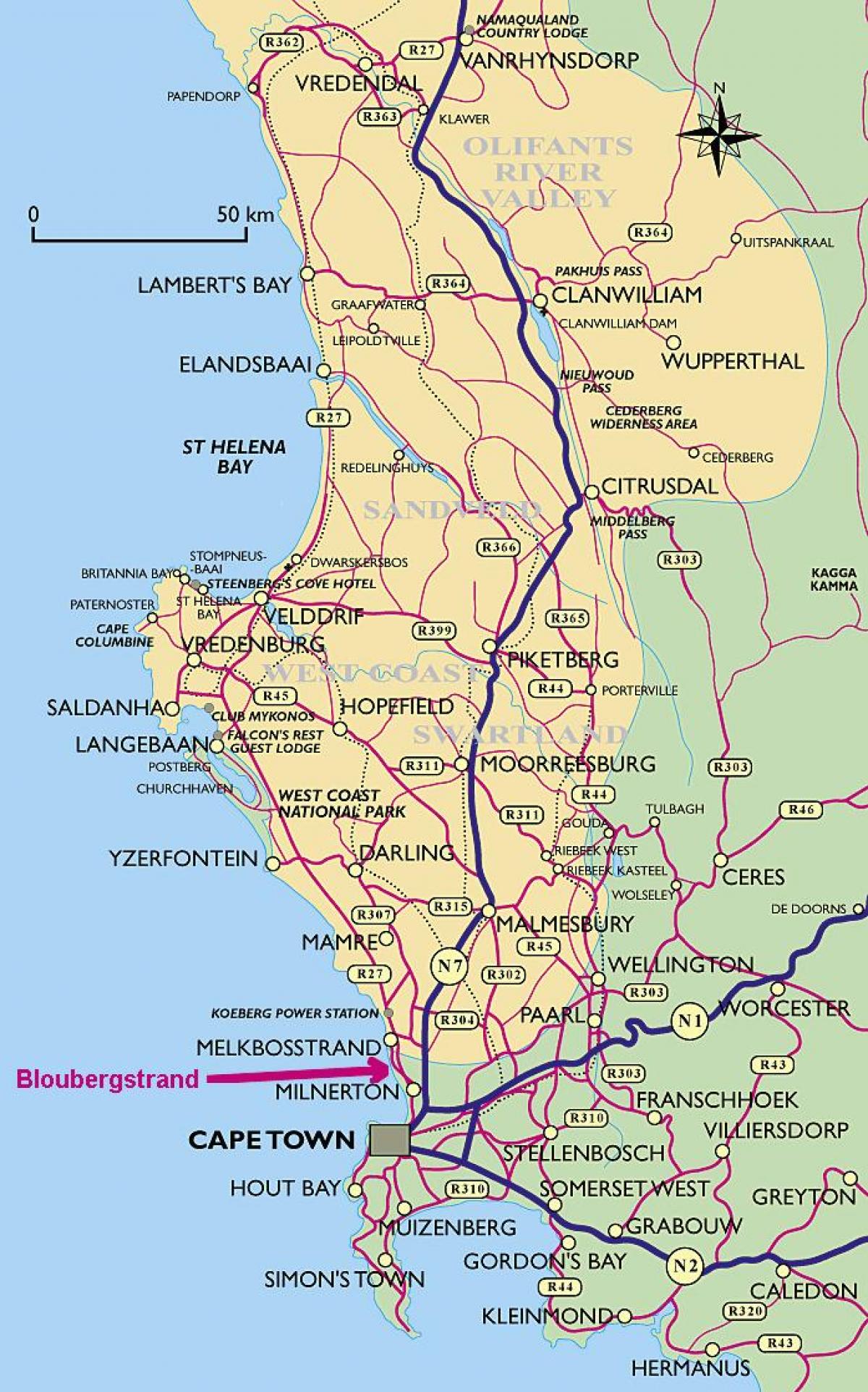 bản đồ của bờ biển phía tây Cape Town