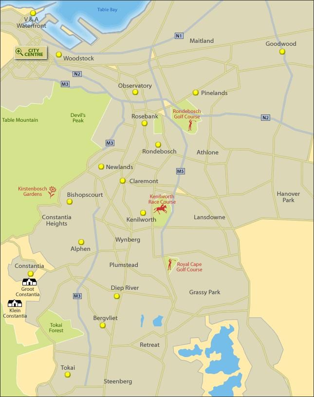 bản đồ của Cape Town vùng ngoại ô phía nam