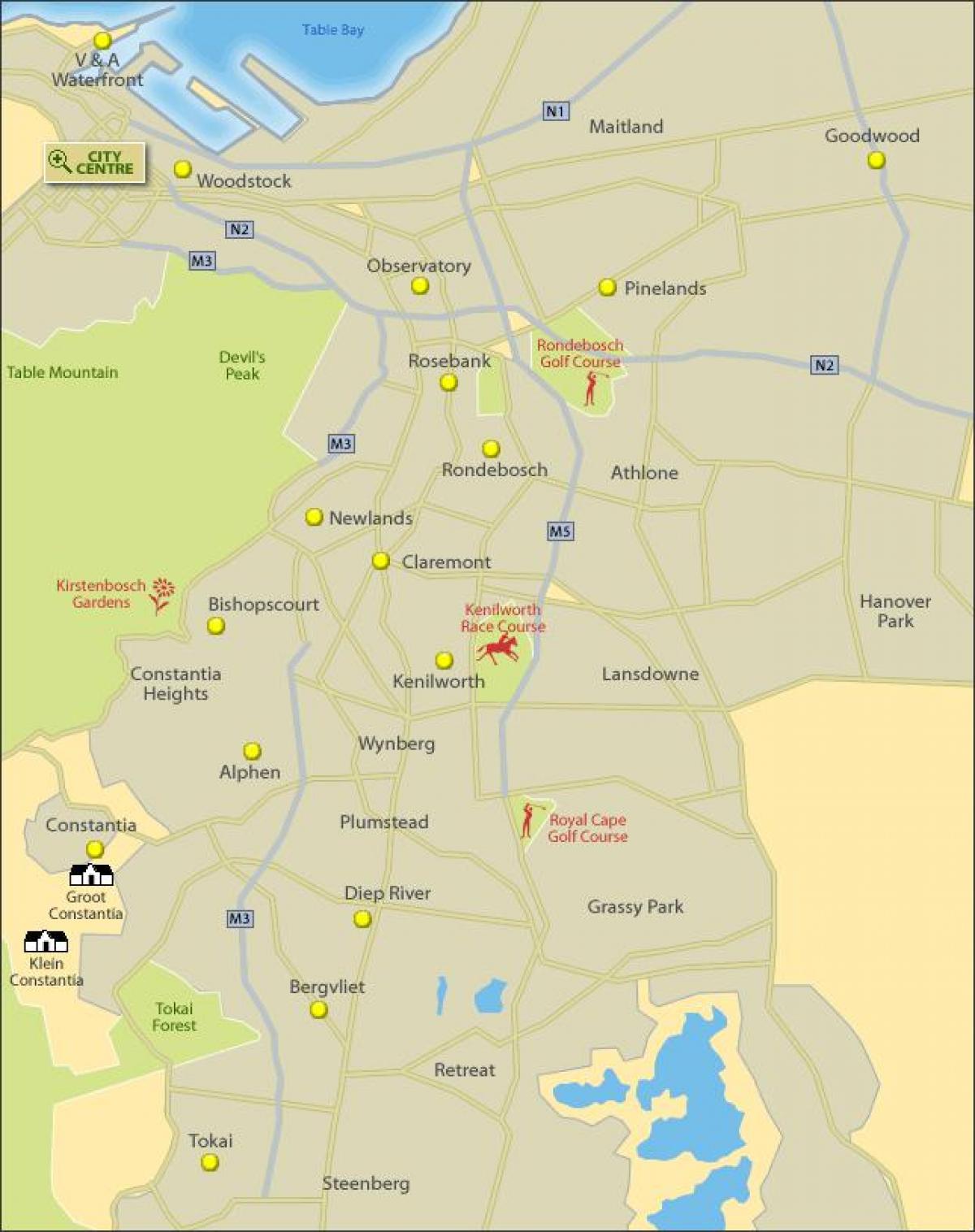 bản đồ của Cape Town vùng ngoại ô phía nam